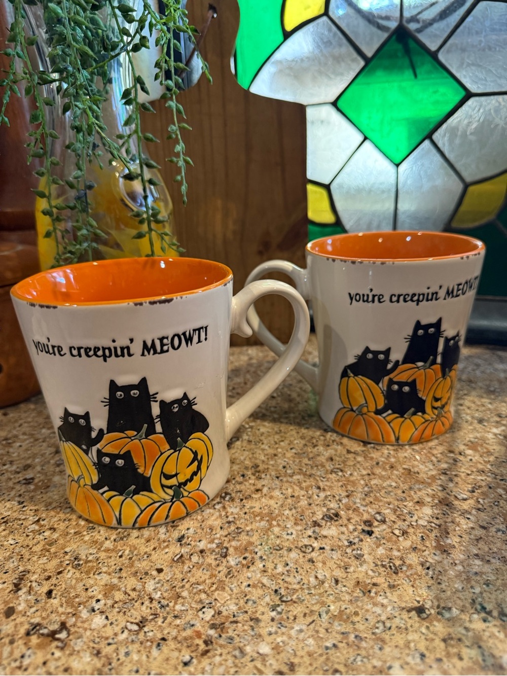 Set of 2 Halloween Black  Cat “You’re Creepin’ MEOWT! Mugs- Orange Interior